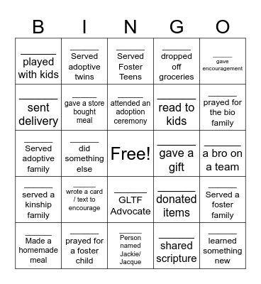 Grace Loves the Family - Care Community Bingo Card