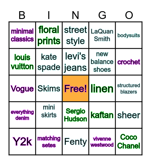 Fashion Bingo Card