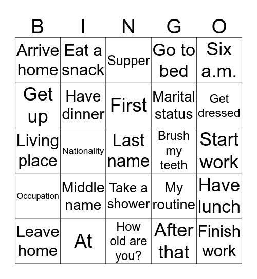 Personal information & routines  Bingo Card