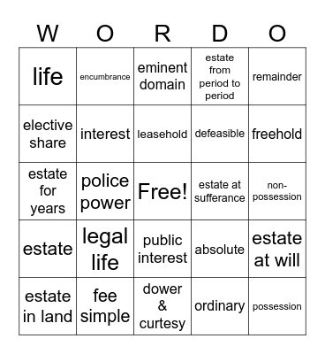 Interests & Estates Bingo Card