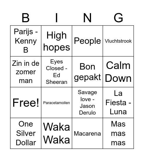 Muziek Bingo Card