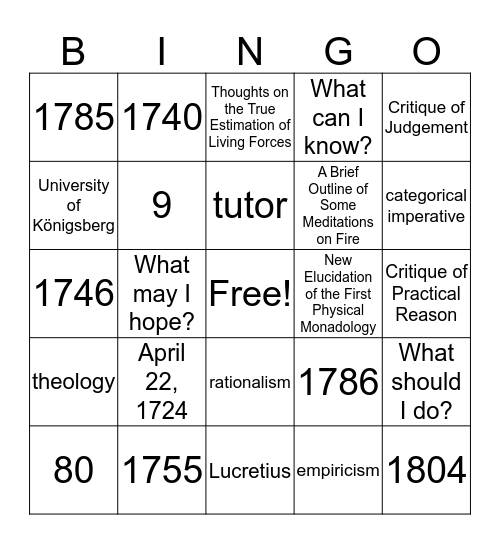 Immanuel Kant Bingo Card