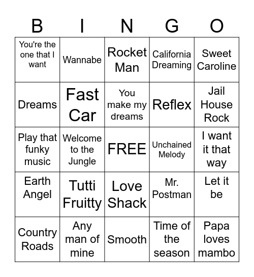 Rock and Roll Bingo Card