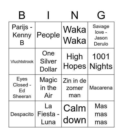 Muziek Bingo Card