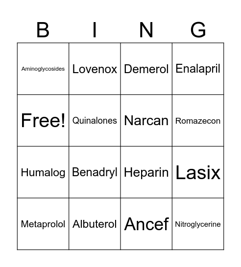 Medications Bingo Card