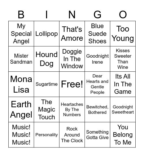 1950's MUSIC BINGO Card