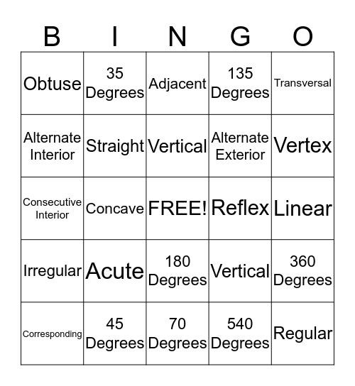 Angle Relationships Bingo Card