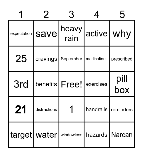 Tobacco / Vaping Prevention | Tobacco Cessation | Hurricane Preparedness | Reducing Fall Risk | Medication Management Bingo Card
