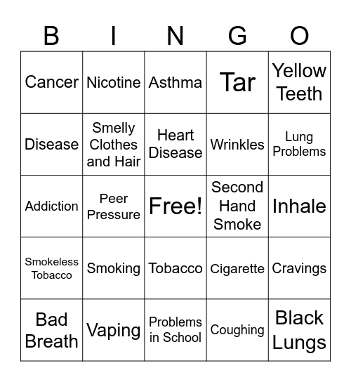 Say NO to Tobacco! Bingo Card