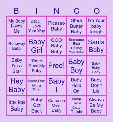 Baby Songs Bingo Card