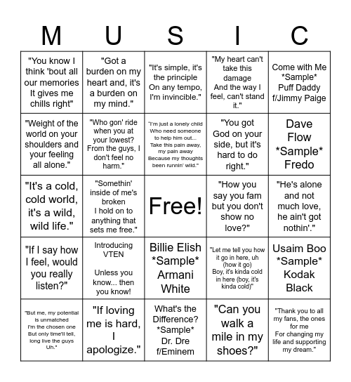 Hip Hop & Rap Bingo Card