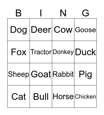AUSLAN Farm Animals Bingo Card