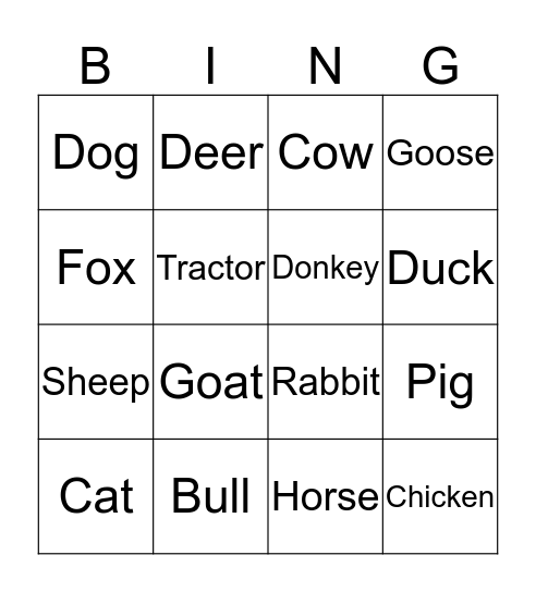 AUSLAN Farm Animals Bingo Card