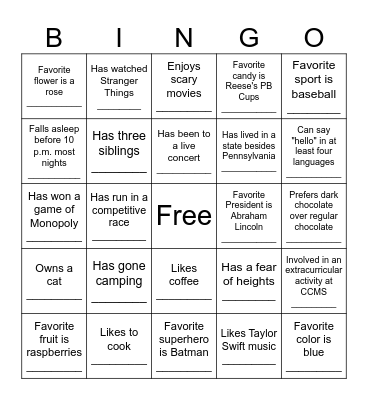 Interest Bingo Card