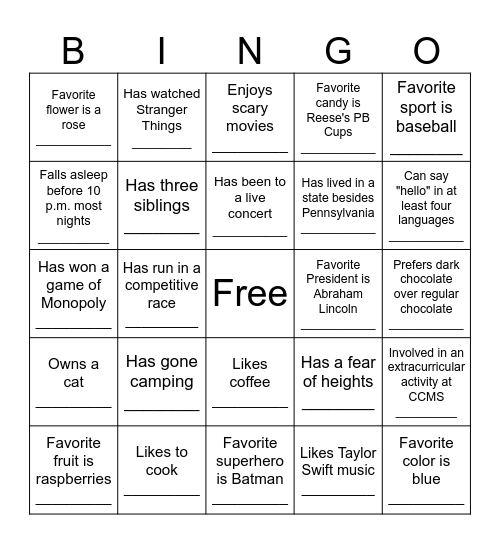 Interest Bingo Card