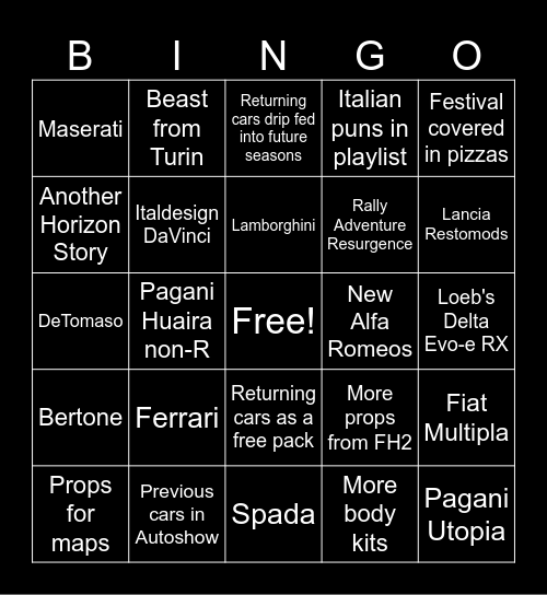 FH5 Italian Automotive Bingo Card