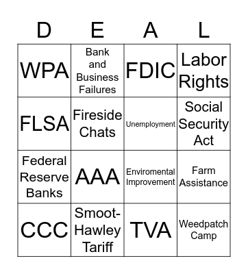 FSR and New Deal Programs Bingo Card