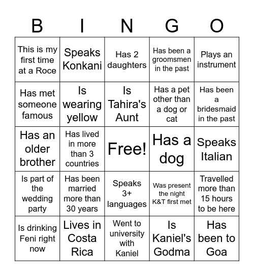 Kaniel & Tahira's Roce Bingo! Bingo Card