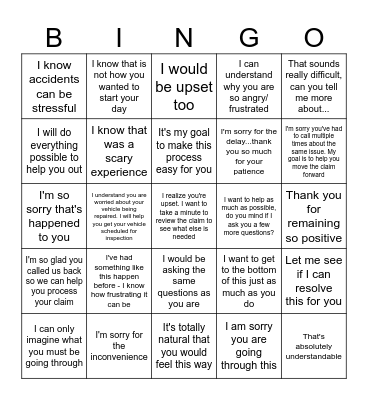 Claims Empathy Bingo Card