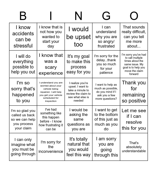 Claims Empathy Bingo Card
