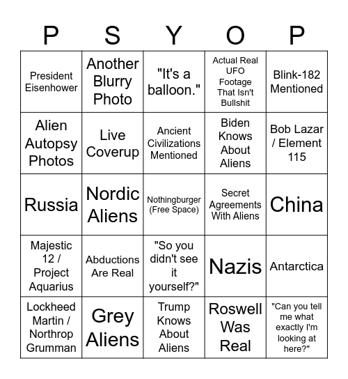 2023 Congressional UAP Hearing BINGO Card