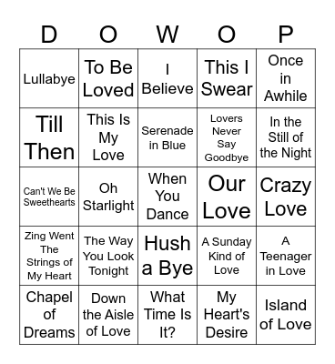 MUSIC BINGO #25 - Do Wop Time! Bingo Card