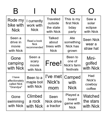 Nick Bingo Card
