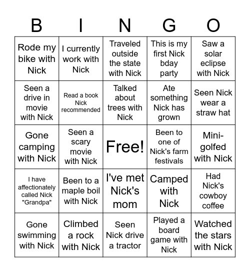 Nick Bingo Card