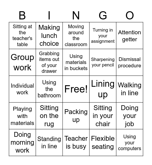 Classroom Expectations Bingo! Bingo Card