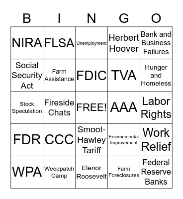 FDR and New Deal Programs Bingo Card