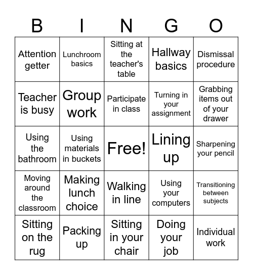 Classroom Expectations Bingo! Bingo Card