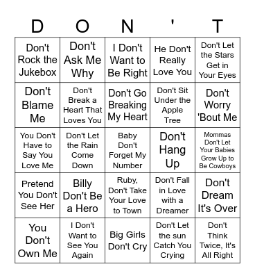 MUSIC BINGO #24 - Just Don't Bingo Card