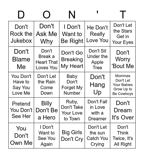MUSIC BINGO #24 - Just Don't Bingo Card