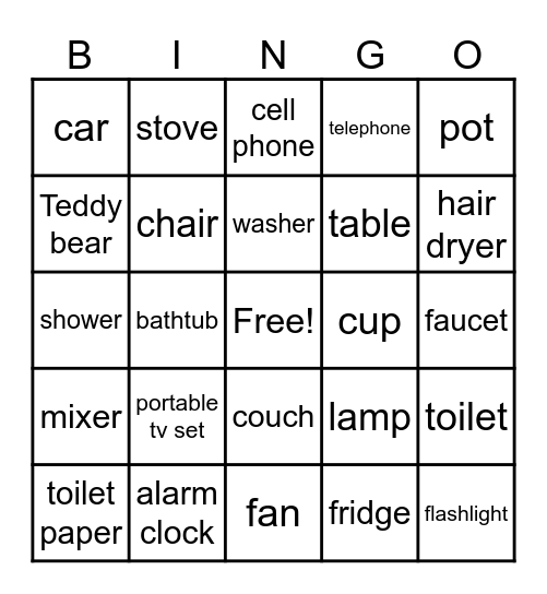 Household Objects Bingo Card