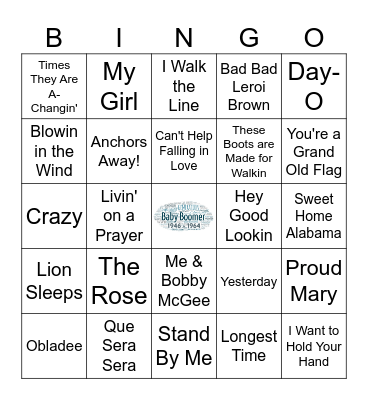 Baby Boomer Bingo Card