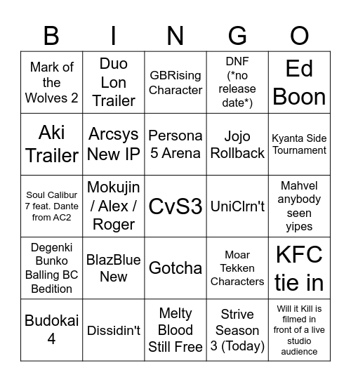 Evo Announcement Bingo Card