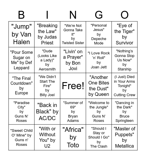 1980s Rock Bingo Card