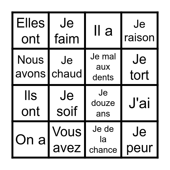 Avoir BINGO Card