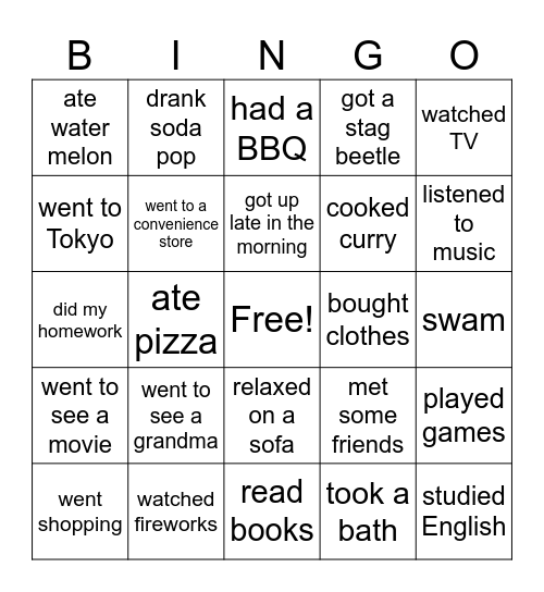 What I did during the summer vacation Bingo Card