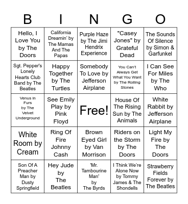 1970s Psychedelic Rock Bingo Card