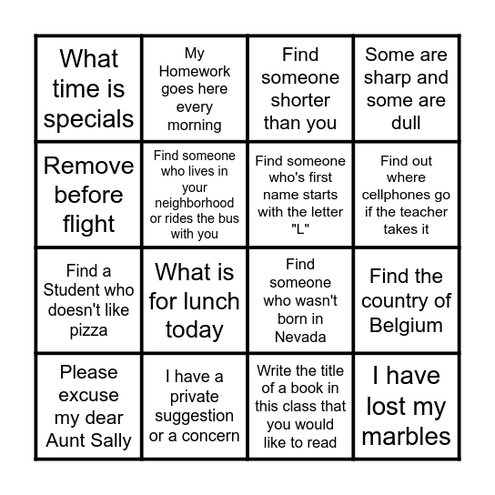 Classroom Scavenger Hunt Bingo Card