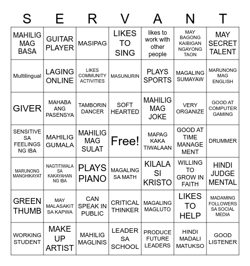 VBS adult Edition Bingo Card