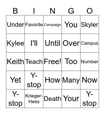 Skyler's bingo  Bingo Card