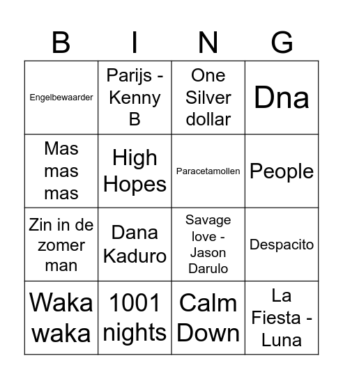 Muziek Bingo Card