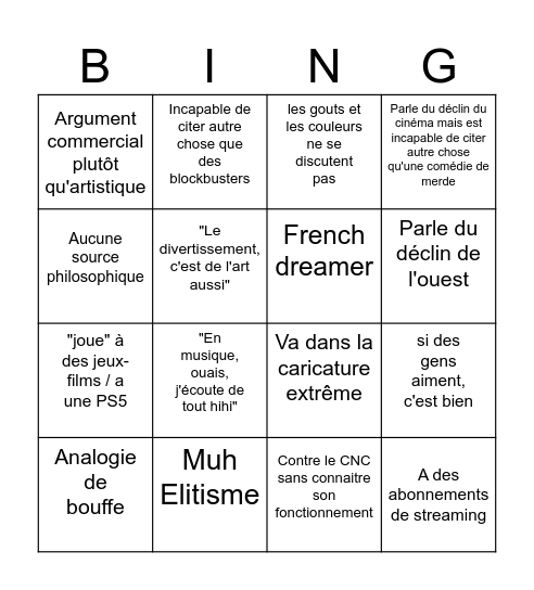 Trucs cons que je reçois en parlant d'art Bingo Card