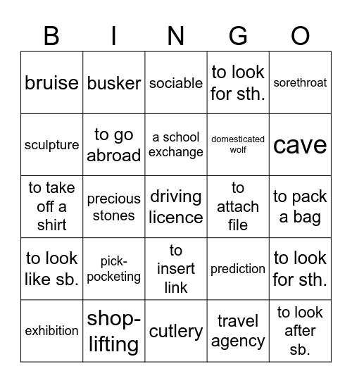 Vocabulary Revision Bingo Card