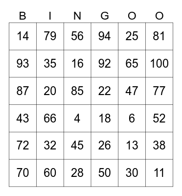 numeros 31-100 Bingo Card