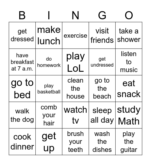 Daily Routine Bingo Card