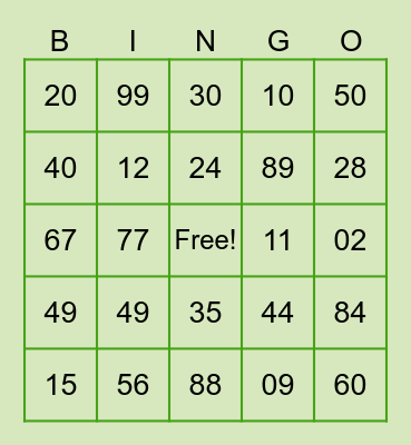 Oak Street Bingo Card