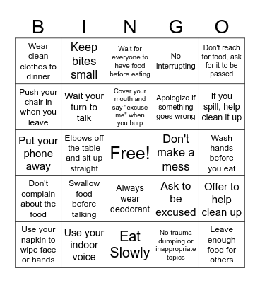 Table Manners Bingo Card